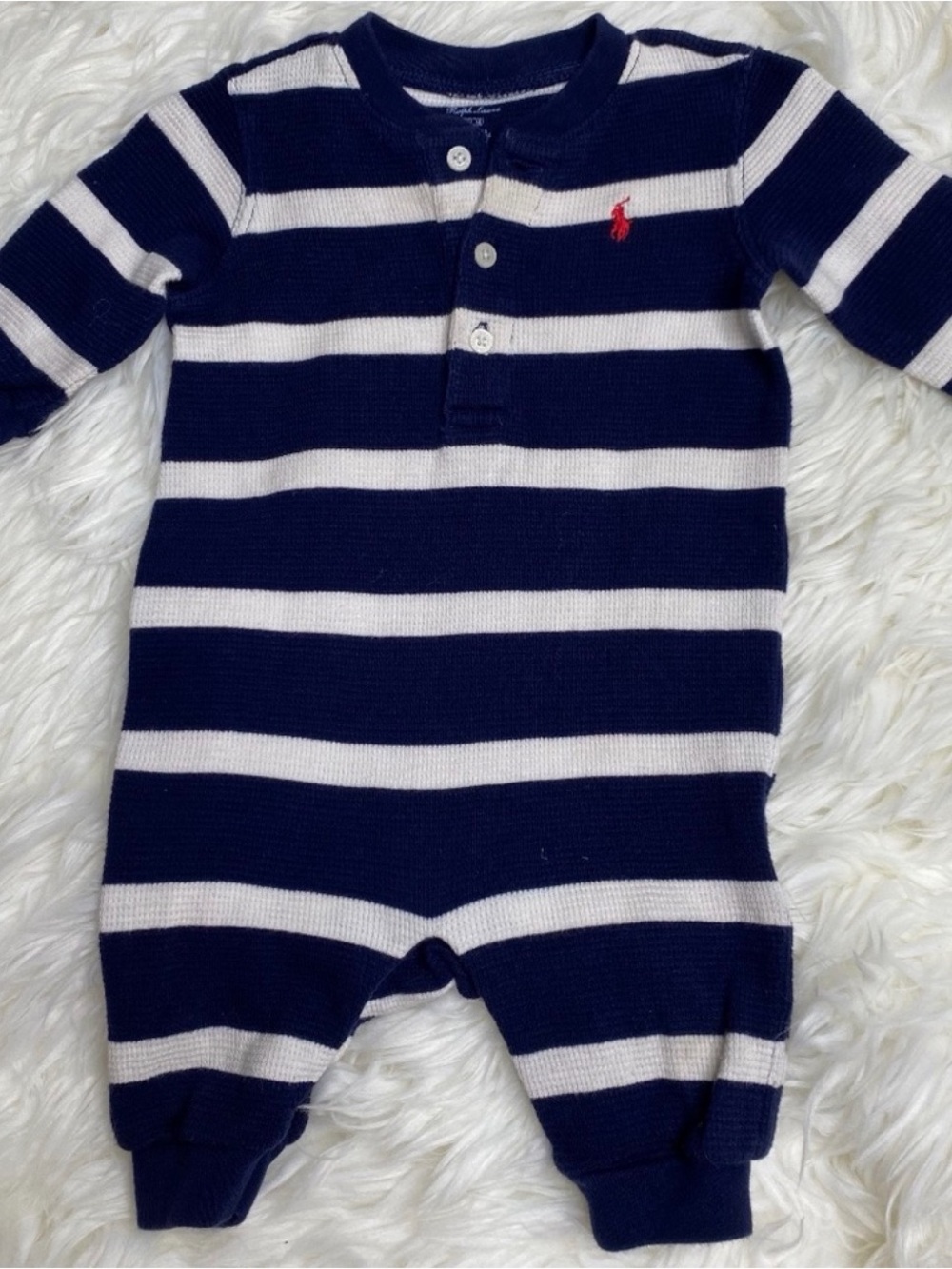 Ralph Lauren Navy & White Striped Cotton Baby Footie with Red Polo Logo